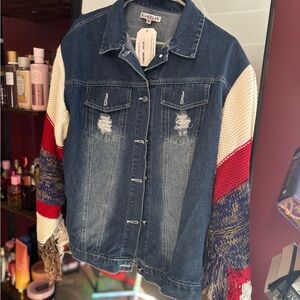 Blakeley Women's Denim Jacket with Colorful Fringe Knit Sleeves